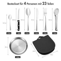 [23-teilig für 4 Personen] Camping Besteckset. Edelstahl-Gabeln, Messer und Löffel. Inklusive tragbarer Bestecktasche - porta