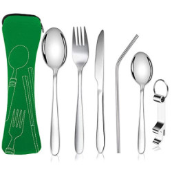 6-Stück Tragbares Campingbesteck Set,304 Edelstahl Bestecksets Essbesteck,Camping Besteck mit Gehören Messer,Gabel,Löffel,Fla