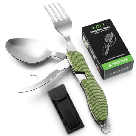 Hikenture Outdoor Besteck 4-In-1 Campingbesteck Messer Gabel Löffel Flaschenöffner Set aus Edelstahl mit Gürteltasche - Klapp