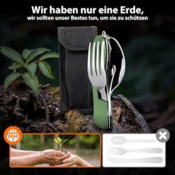 Hikenture Outdoor Besteck 4-In-1 Campingbesteck Messer Gabel Löffel Flaschenöffner Set aus Edelstahl mit Gürteltasche - Klapp