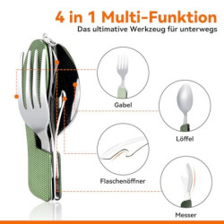 Hikenture Outdoor Besteck 4-In-1 Campingbesteck Messer Gabel Löffel Flaschenöffner Set aus Edelstahl mit Gürteltasche - Klapp