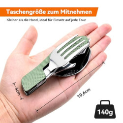 Hikenture Outdoor Besteck 4-In-1 Campingbesteck Messer Gabel Löffel Flaschenöffner Set aus Edelstahl mit Gürteltasche - Klapp