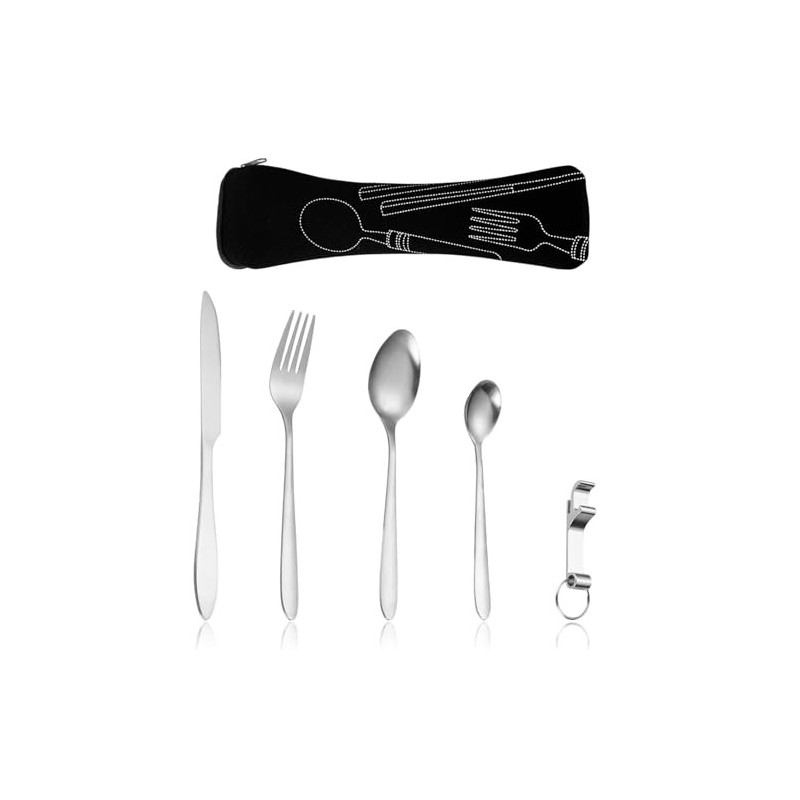 Campingbesteck, 5 Stück Campingbesteck aus Edelstahl einschließlich Bestecktasche, Messer, Gabel, 2 Löffel, Flaschenöffner, G