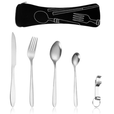 Campingbesteck, 5 Stück Campingbesteck aus Edelstahl einschließlich Bestecktasche, Messer, Gabel, 2 Löffel, Flaschenöffner, G
