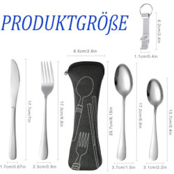 Campingbesteck, 5 Stück Campingbesteck aus Edelstahl einschließlich Bestecktasche, Messer, Gabel, 2 Löffel, Flaschenöffner, G