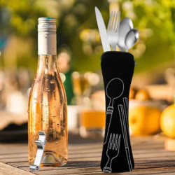 Campingbesteck, 5 Stück Campingbesteck aus Edelstahl einschließlich Bestecktasche, Messer, Gabel, 2 Löffel, Flaschenöffner, G