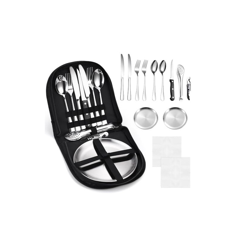 ADERTOS 13-Teilige Campingbesteck Set 2 personen Edelstahl Outdoor Reisebesteck Silber Groß Besteckset Tragbar Camping Bestec