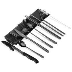 hecef Camping Besteck, 10 Teiliges Reisebesteck mit Etui, Wiederverwendbares 18/0 Edelstahl Besteck Set, Outdoor Besteck mit 