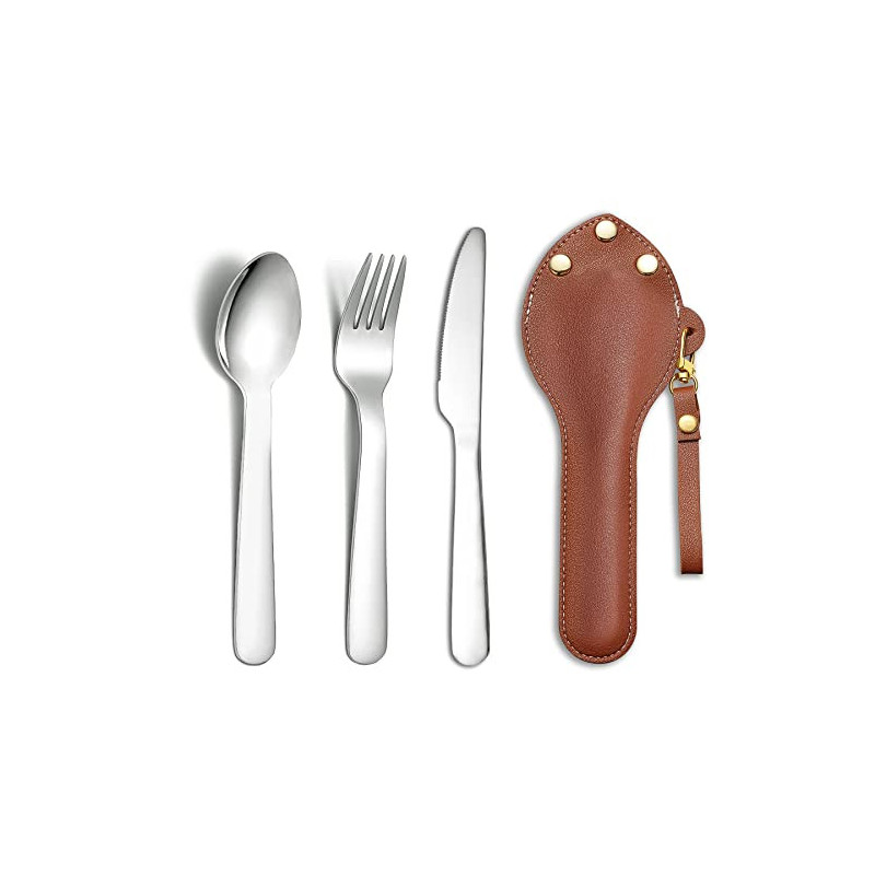 Berglander tragbares Camping Besteck Set 3-teiliges mit Lederbeutel leicht in der Tasche zu tragen, Edelstahlmesser, Löffel u