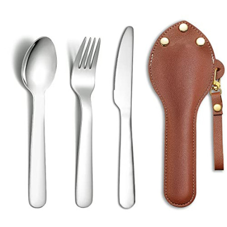 Berglander tragbares Camping Besteck Set 3-teiliges mit Lederbeutel leicht in der Tasche zu tragen, Edelstahlmesser, Löffel u