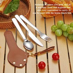 Berglander tragbares Camping Besteck Set 3-teiliges mit Lederbeutel leicht in der Tasche zu tragen, Edelstahlmesser, Löffel u
