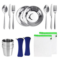 EMAGEREN Campingbesteck Set 14 in 1 Edelstahl Geschirrset 2 Personen Outdoor Reisebesteck Picknick Set mit Etui Messer Gabel 
