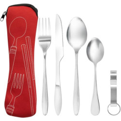 Bramble Camping Besteckset 1 Person Edelstahl Reisebesteck mit Etui  Rot  - Outdoor Besteck Set für Unterwegs
