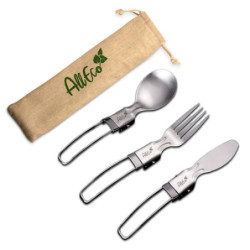 AllEco® Campingbesteck Set – Multifunktionales, leichtes, klappbares und umweltfreundliches Besteck mit Edelstahl Messer, Gab