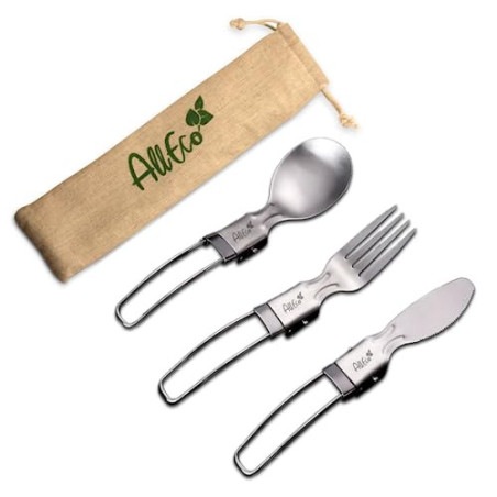 AllEco® Campingbesteck Set – Multifunktionales, leichtes, klappbares und umweltfreundliches Besteck mit Edelstahl Messer, Gab