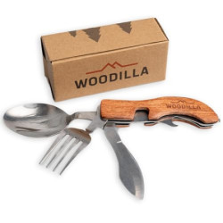Outdoor Campingbesteck von Woodilla - Klappbesteck, aus Edelstahl & Holz, Messer, Gabel, Löffel, Flaschenöffner, 4-teiliges B