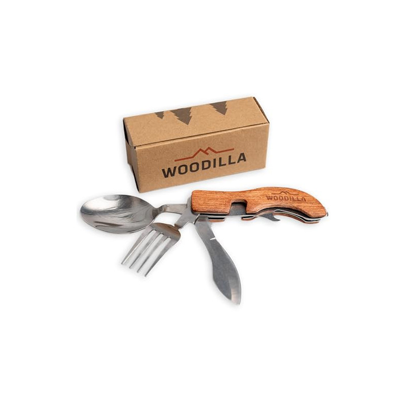 Outdoor Campingbesteck von Woodilla - Klappbesteck, aus Edelstahl & Holz, Messer, Gabel, Löffel, Flaschenöffner, 4-teiliges B Outdoor Campingbesteck von Woodilla - Klappbesteck, aus Edelstahl & Holz, Messer, Gabel, Löffel, Flaschenöffner, 4-teiliges B