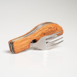 Outdoor Campingbesteck von Woodilla - Klappbesteck, aus Edelstahl & Holz, Messer, Gabel, Löffel, Flaschenöffner, 4-teiliges B