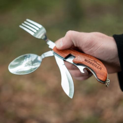 Outdoor Campingbesteck von Woodilla - Klappbesteck, aus Edelstahl & Holz, Messer, Gabel, Löffel, Flaschenöffner, 4-teiliges B