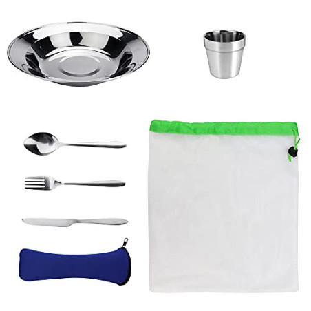 EMAGEREN 7 in 1 Campingbesteck Set Edelstahl Geschirrset Outdoor Reisebesteck Picknick Set Camping Werkzeuge, Essgeschirr run
