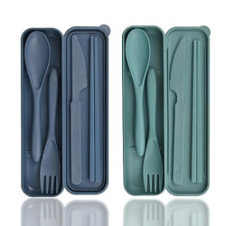 Besteck Set, 2 Pcs Camping Besteck mit Koffer, Kunststoff Reisebesteck Löffel Messer Gabel Essstäbchen Etui, Campingbesteck T