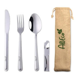 AllEco® Edelstahl Campingbesteck Bundeswehr Style mit Flaschenöffner für unterwegs + GRATIS Beutel Outdoor Besteck Camping Be