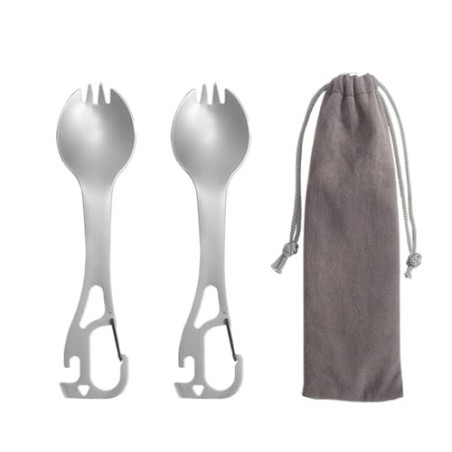 2 Stück Campingbesteck aus Edelstahl, 4-in-1, Multifunktionaler Löffel, Gabel, Flasche und Dosenöffner, Camping-Besteckset mi