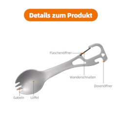 2 Stück Campingbesteck aus Edelstahl, 4-in-1, Multifunktionaler Löffel, Gabel, Flasche und Dosenöffner, Camping-Besteckset mi