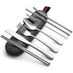 DEVICO Tragbares Camping Besteck - 8-Teiliges Edelstahl Reisebesteck mit Messer, Gabel, Löffel, Essstäbchen, Strohhalmen, Rei