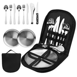 Campingbesteck Set für 2 Personen, 10pcs Picknick Geschirr Set Edelstahl Outdoor Geschirr Set, mit Löffel Gabel Messer Teller