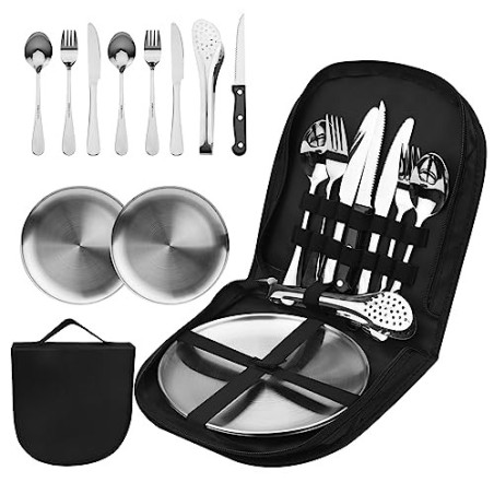 Campingbesteck Set für 2 Personen, 10pcs Picknick Geschirr Set Edelstahl Outdoor Geschirr Set, mit Löffel Gabel Messer Teller