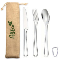 AllEco® Edelstahl Camping-Besteck inkl. Karabiner für unterwegs und Stoffbeutel zum Aufbewahren Outdoor Besteck Camping Beste