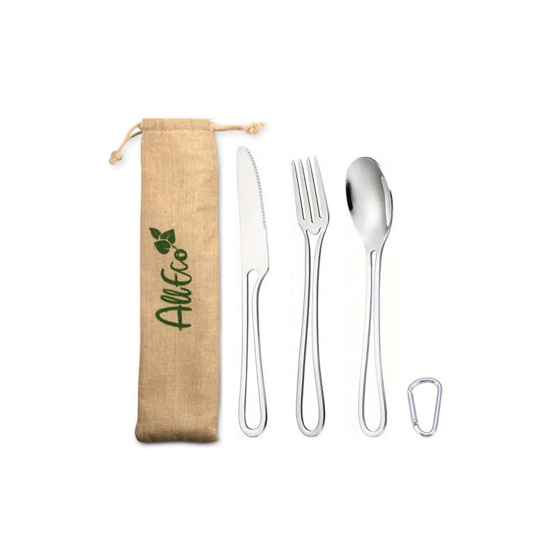 AllEco® Edelstahl Camping-Besteck inkl. Karabiner für unterwegs und Stoffbeutel zum Aufbewahren Outdoor Besteck Camping Beste AllEco® Edelstahl Camping-Besteck inkl. Karabiner für unterwegs und Stoffbeutel zum Aufbewahren Outdoor Besteck Camping Beste