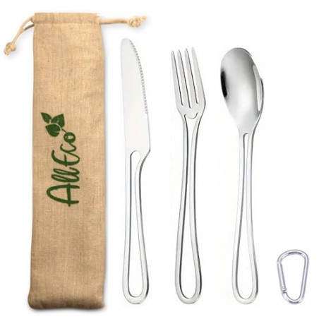 AllEco® Edelstahl Camping-Besteck inkl. Karabiner für unterwegs und Stoffbeutel zum Aufbewahren Outdoor Besteck Camping Beste