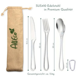 AllEco® Edelstahl Camping-Besteck inkl. Karabiner für unterwegs und Stoffbeutel zum Aufbewahren Outdoor Besteck Camping Beste