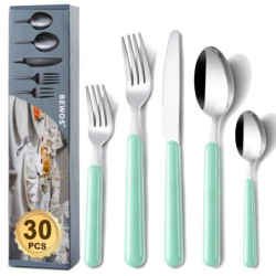 BEWOS Besteck Set für 6 Personen, 30 teilig besteckset Lichtgrün inkl. Messer, Gabel, Löffel, Farbige Griffe camping besteck,