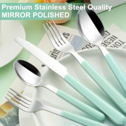 BEWOS Besteck Set für 6 Personen, 30 teilig besteckset Lichtgrün inkl. Messer, Gabel, Löffel, Farbige Griffe camping besteck,
