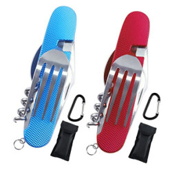 cersaty®2 Stk Campingbesteck,Abnehmbar 6 in 1 Essbesteck outdoor,für Reisen Camping Picknick Messer, Gabel, Löffel, Korkenzie