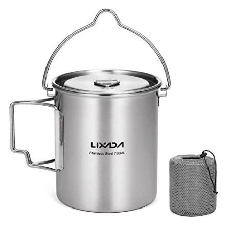 Lixada Camping Topf Edelstahl Titan Tasse Becher 750ml mit Faltbaren Griffe und Deckel Outdoor Tasse Geschirr für Camping Wan