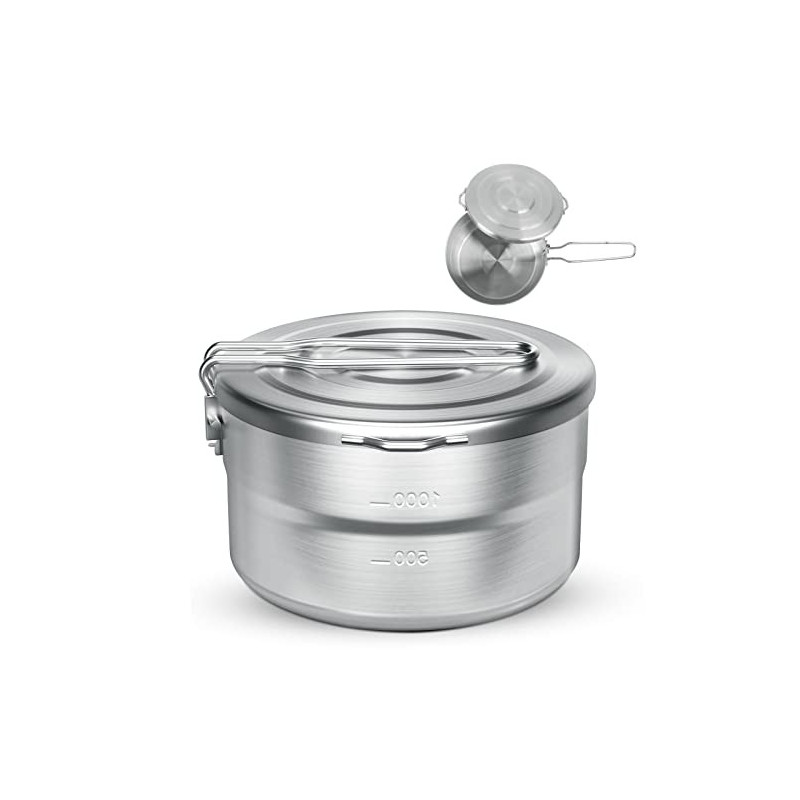 BILIPLE Camping Topf 1.5L Edelstahl Camping Geschirr mit Deckel und klappbarem Griff,Großes Fassungsvermögen Camping Topf Out