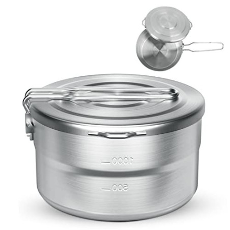 BILIPLE Camping Topf 1.5L Edelstahl Camping Geschirr mit Deckel und klappbarem Griff,Großes Fassungsvermögen Camping Topf Out