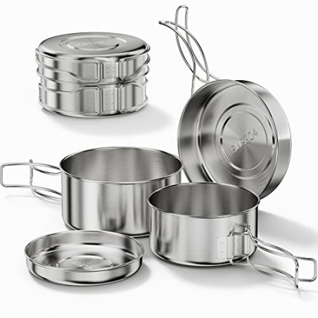 Bestargot Camping Topf Kochgeschirr Set aus Edelstahl 304, 4-teiliges Camping Topfset  900ml + 600ml , Camping Kochtopf Outdo