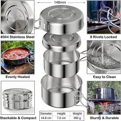 Bestargot Camping Topf Kochgeschirr Set aus Edelstahl 304, 4-teiliges Camping Topfset  900ml + 600ml , Camping Kochtopf Outdo