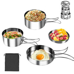 QINERSAW 4er Set Edelstahl Camping Kochgeschirr Outdoor Topf Camping Kochtopf Outdoor Topfset Camping Kochset Outdoor Geschir