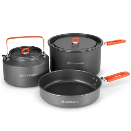 Odoland Camping Kochgeschirr Set Outdoor Kochset mit Camping Topf 1.9 L, Teekessel 1.1 L, Bratpfanne 0.86 L, Kochgeschirr Set
