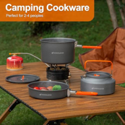 Odoland Camping Kochgeschirr Set Outdoor Kochset mit Camping Topf 1.9 L, Teekessel 1.1 L, Bratpfanne 0.86 L, Kochgeschirr Set