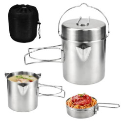 LANSKYLAN Camping Topf 1L Edelstahl Kochgeschirr Set 2 Personen Kochtopf Camping Campinggeschirr Outdoor Picknick Topf Tragba