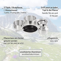 Black Crevice Camping-Kochset I Camping-Kochgeschirr aus Aluminium I Outdoor-Kochgeschirr-Set I 3 Camping-Töpfe & 1 beschicht