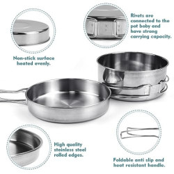 Kleemeiero Edelstahl Kochgeschirr Camping Topf Pfanne Set 8-teiligtes Camping Kochtopf Set Edelstahl Faltbar und Stapelbar Ou