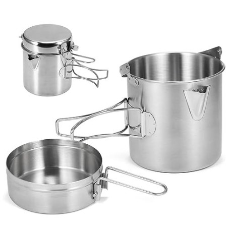 BILIPLE Camping Topf 1L Edelstahl Tasse Topf Faltbare Camping Kochtopf mit Deckel und klappbarem Griff Outdoor Geschir Kochge